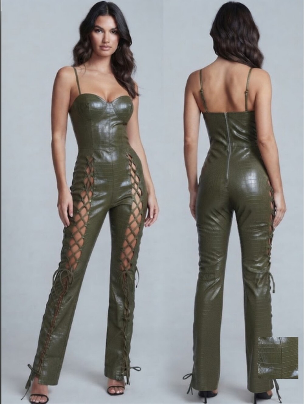 Women's Olive Green Lace-Up Sexy Faux Leather Flared Jumpsuit Small